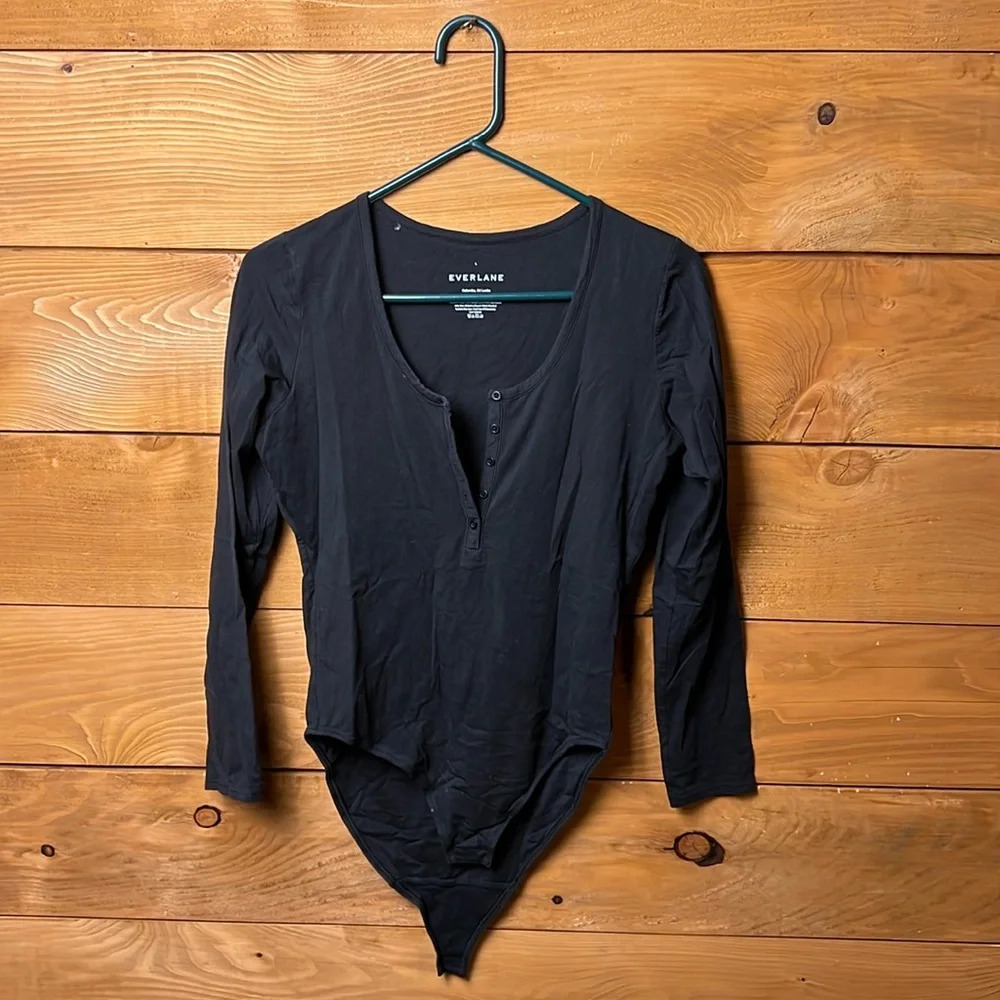 Everlane Womens The Henley Bodysuit Black Lg long sleeve 1/4 button scoop neck